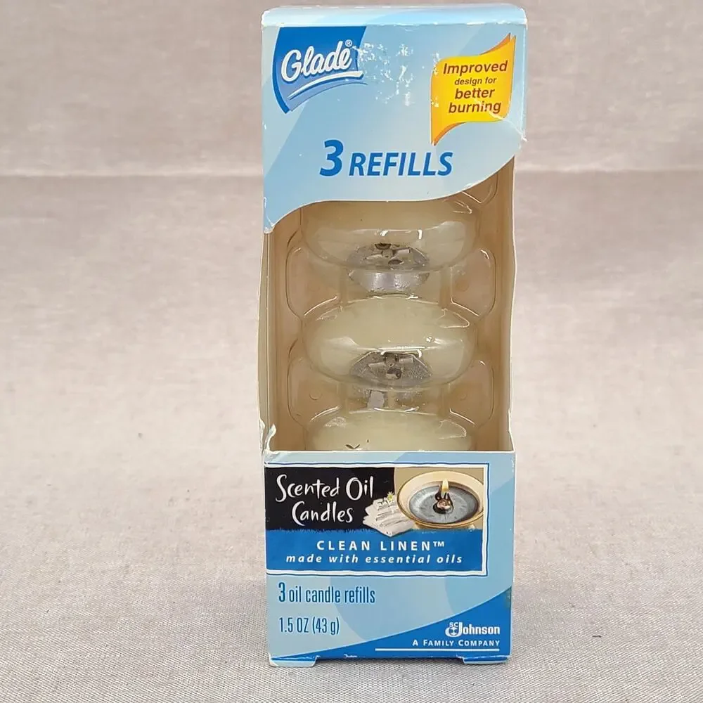 GLADE Clean Linen Scented Oil Candles 3 Refills 1.5 oz NEW